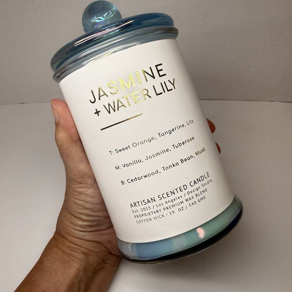Jasmine + Water Lily Premium Wax Blend Artisan Candle 19 Oz Lidded Glass New